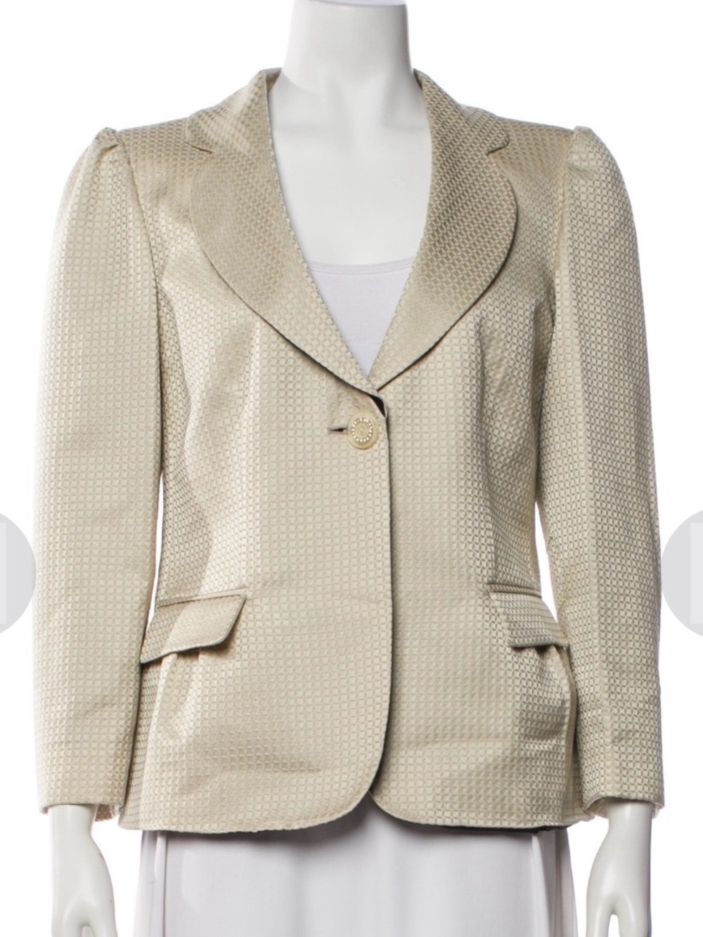 Armani Collezioni Cream Wool Single-Button Blazer-Shawl Collar Flap Pockets